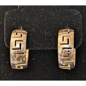 925 Sterling Silver Greek Key Post 1" Round 3/8" Wide Hoop Earrings